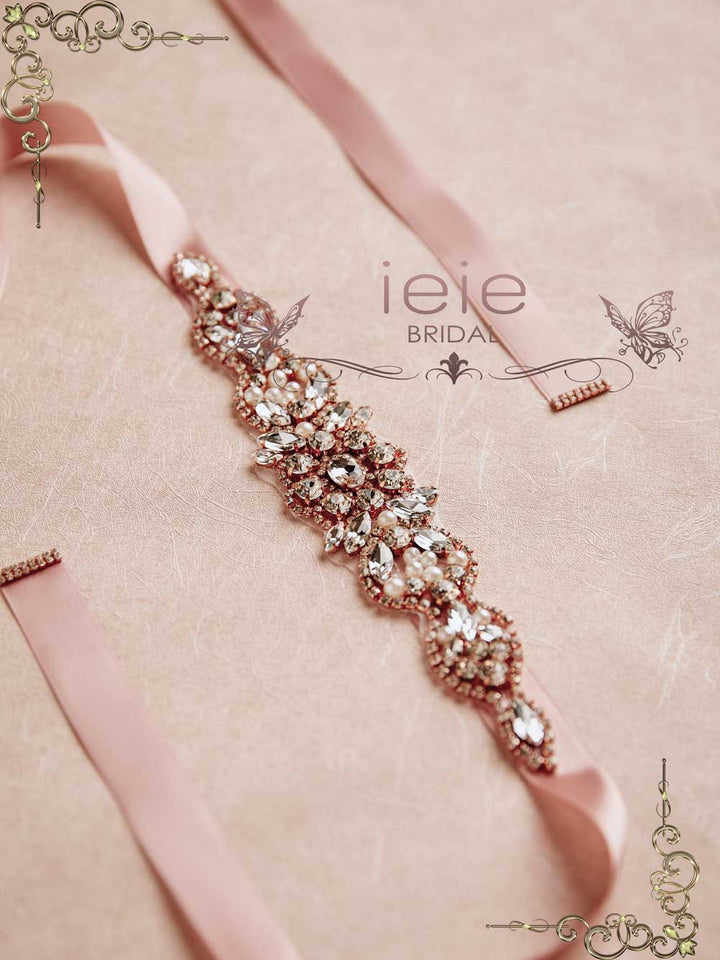 Rose Gold Crystal Rhinestone Tie On Sash for Wedding Dress BT2014