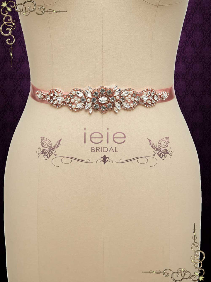 Rose Gold Crystal Rhinestone Tie On Sash for Wedding Dress BT2014