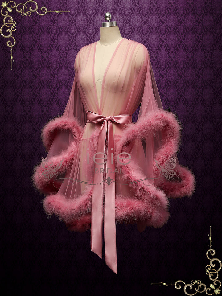 Rose Pink Honeymoon Wedding Marabou Fur Edge Boudoir Robe CICI