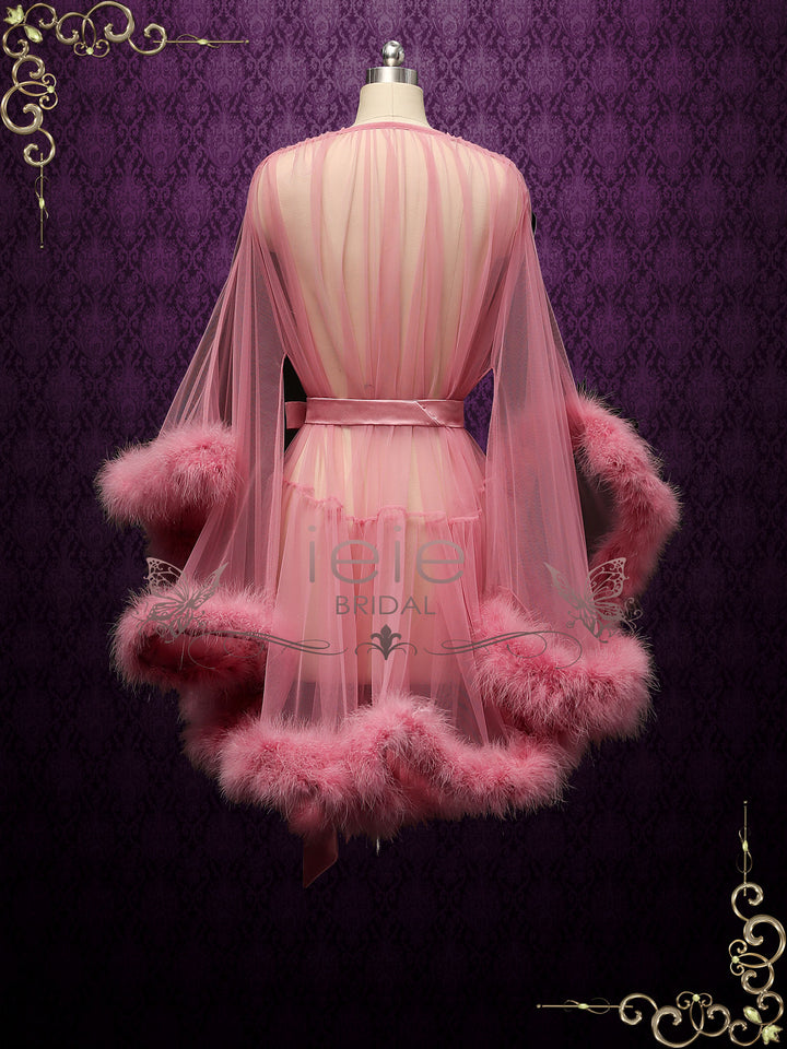 Rose Pink Honeymoon Wedding Marabou Fur Edge Boudoir Robe CICI