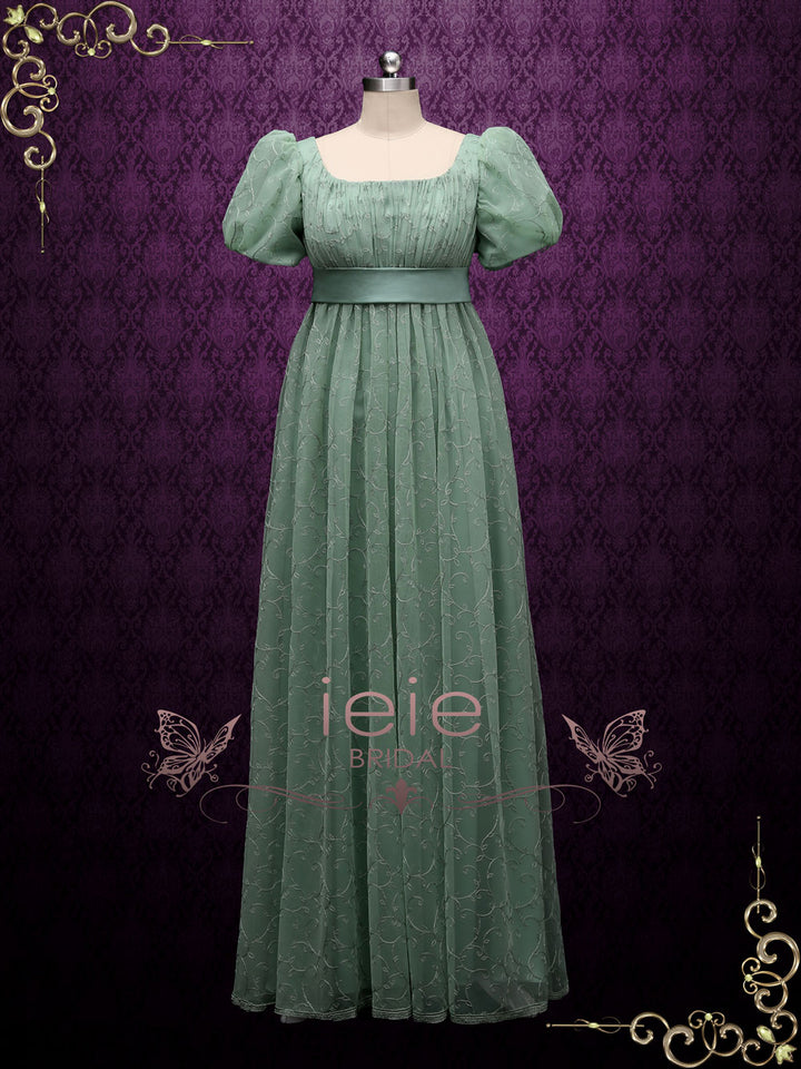 Green Regency Style Empire Dress with Floral Lace JOANNE ieie Green Regency Style Empire Dress with Floral Lace JOANNE ieie
