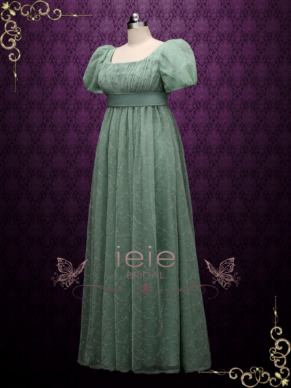 Green Regency Style Empire Dress with Floral Lace JOANNE