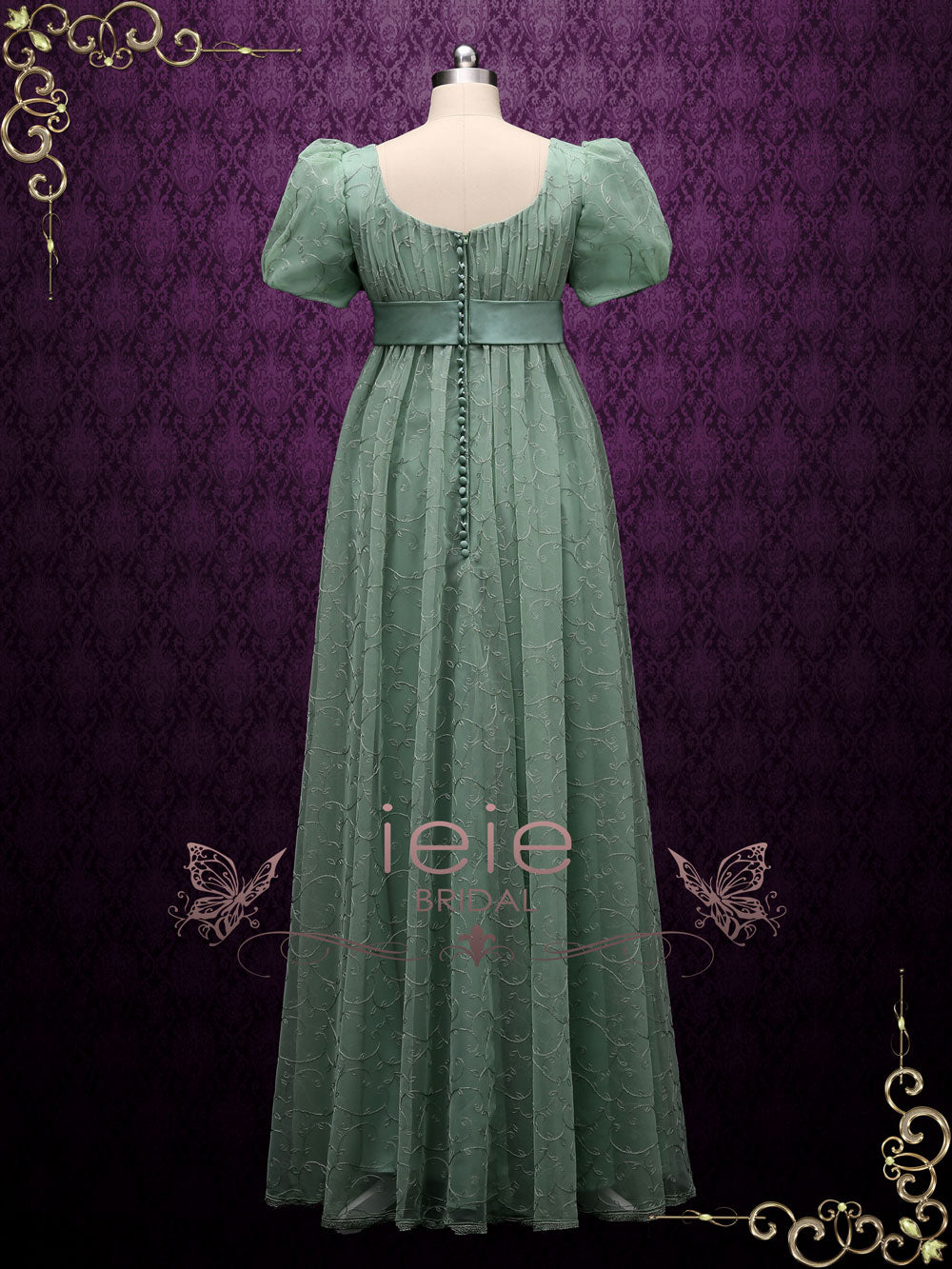 Green Regency Style Empire Dress with Floral Lace JOANNE – ieie Bridal