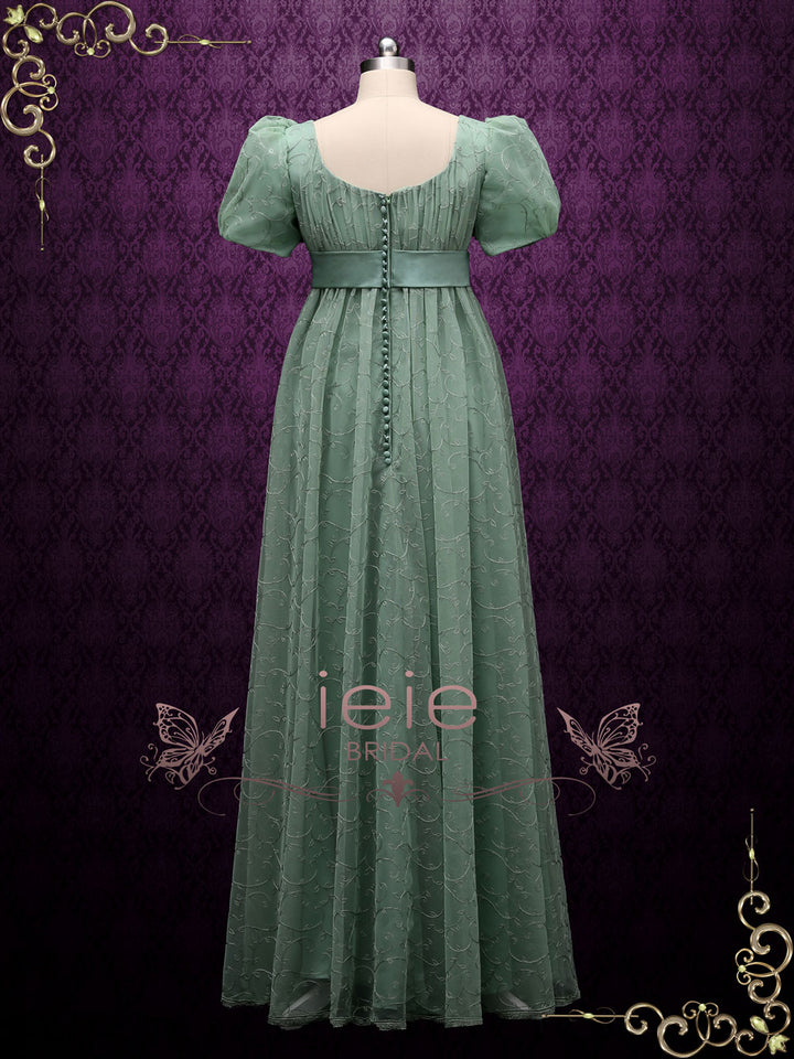 Green Regency Style Empire Dress with Floral Lace JOANNE
