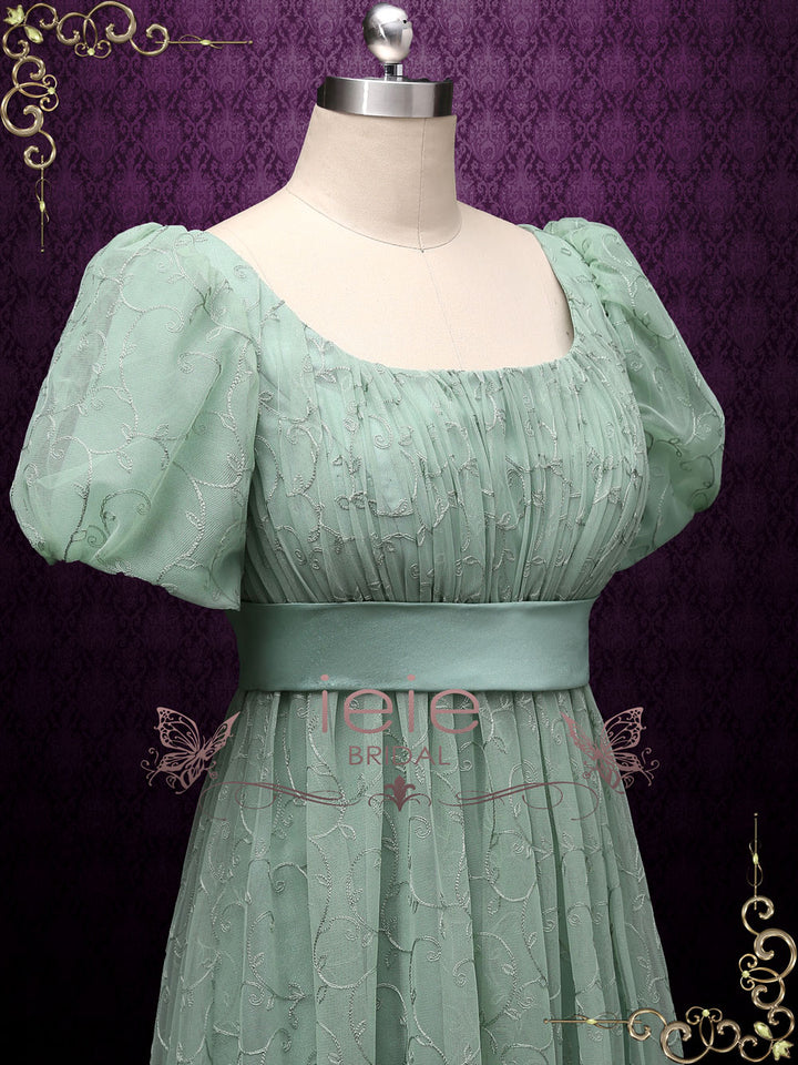Green Regency Style Empire Dress with Floral Lace JOANNE ieie Green Regency Style Empire Dress with Floral Lace JOANNE ieie