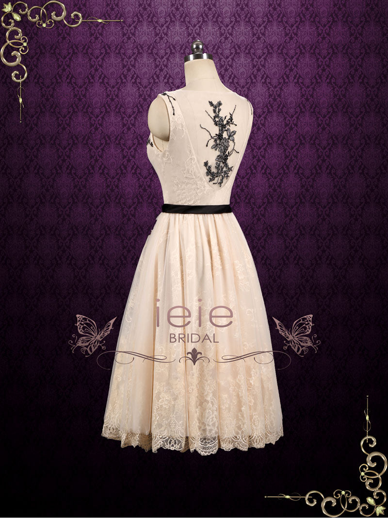 champagne and black lace dress Gothic Champagne and Black Wedding Dresses Sweetheart A Line Tulle Bridal Gowns
