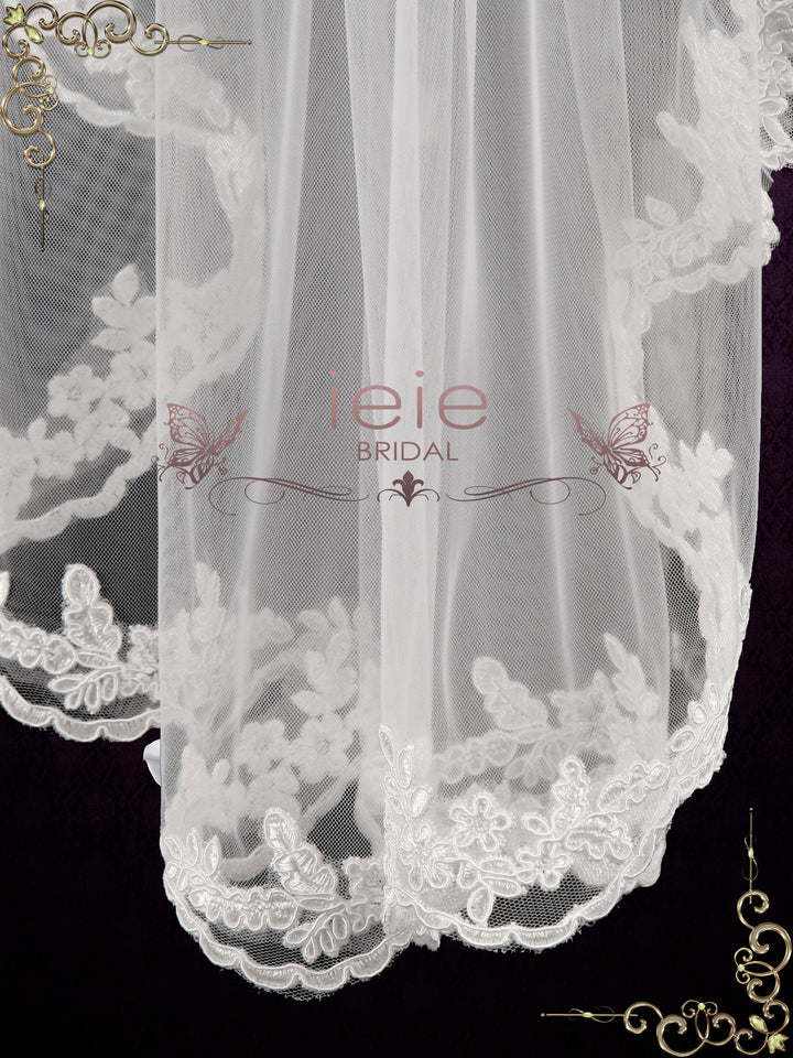 Short Elbow Length Veil with Floral Lace Edges VG1087