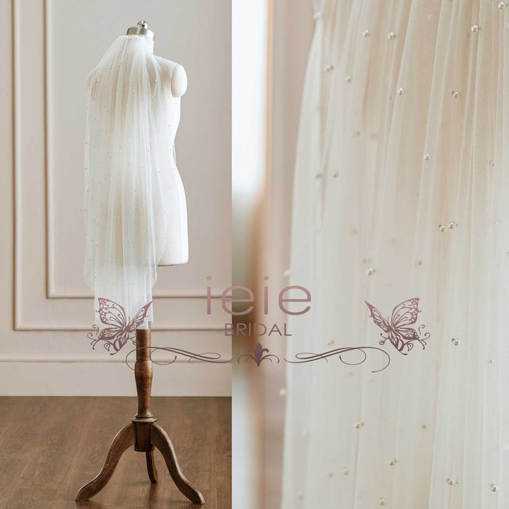 Short Fingertip Pearl Accented Wedding Veil VG3049