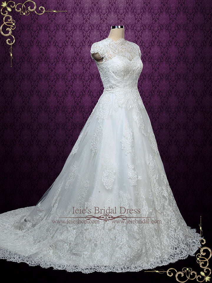 Elegant Short Sleeves Lace A-line Wedding Dress with Modest Neckline ELISE