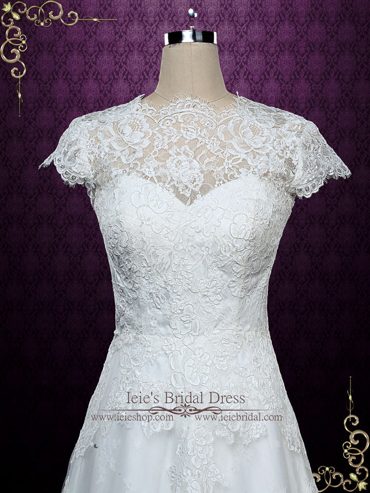 Elegant Short Sleeves Lace A-line Wedding Dress with Modest Neckline ELISE
