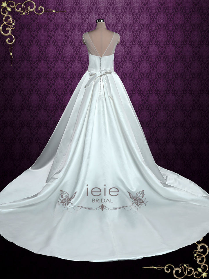 Plain Satin Ball Gown Wedding Dress with Illusion Neckline ELLA