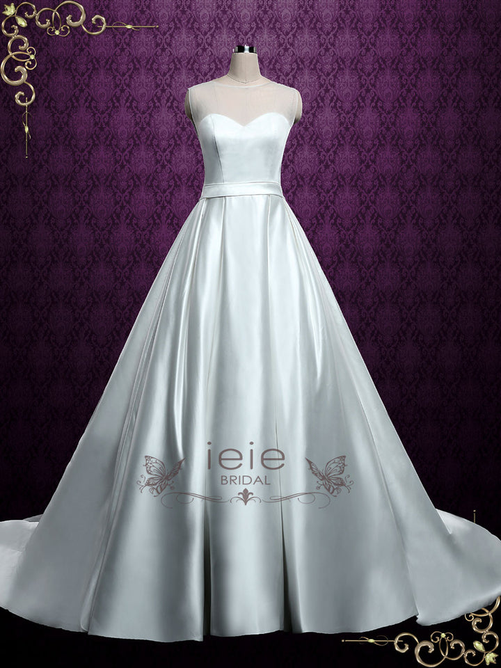 Plain Satin Ball Gown Wedding Dress with Illusion Neckline ELLA Plain Satin Ball Gown Wedding Dress with Illusion Neckline ELLA