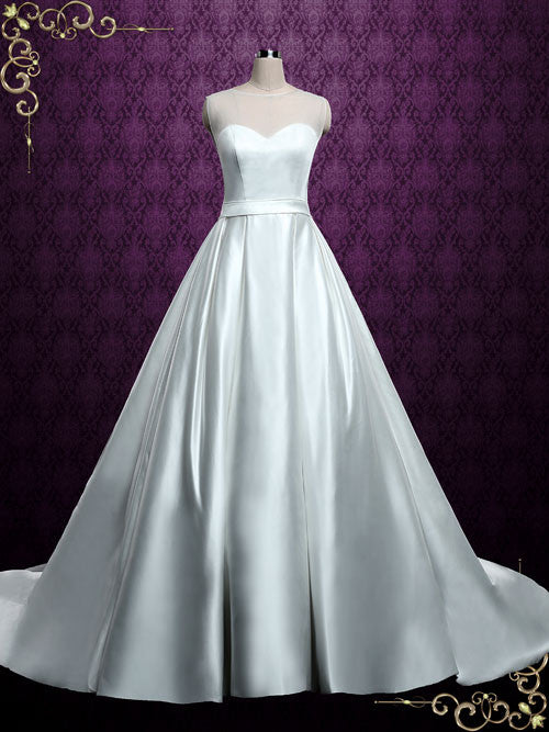 Plain Satin Ball Gown Wedding Dress with Illusion Neckline ELLA