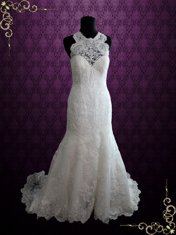 Sleeveless Vintage Style Lace Fit and Flare Wedding Dress with Illusion Keyhole Back | Enma
