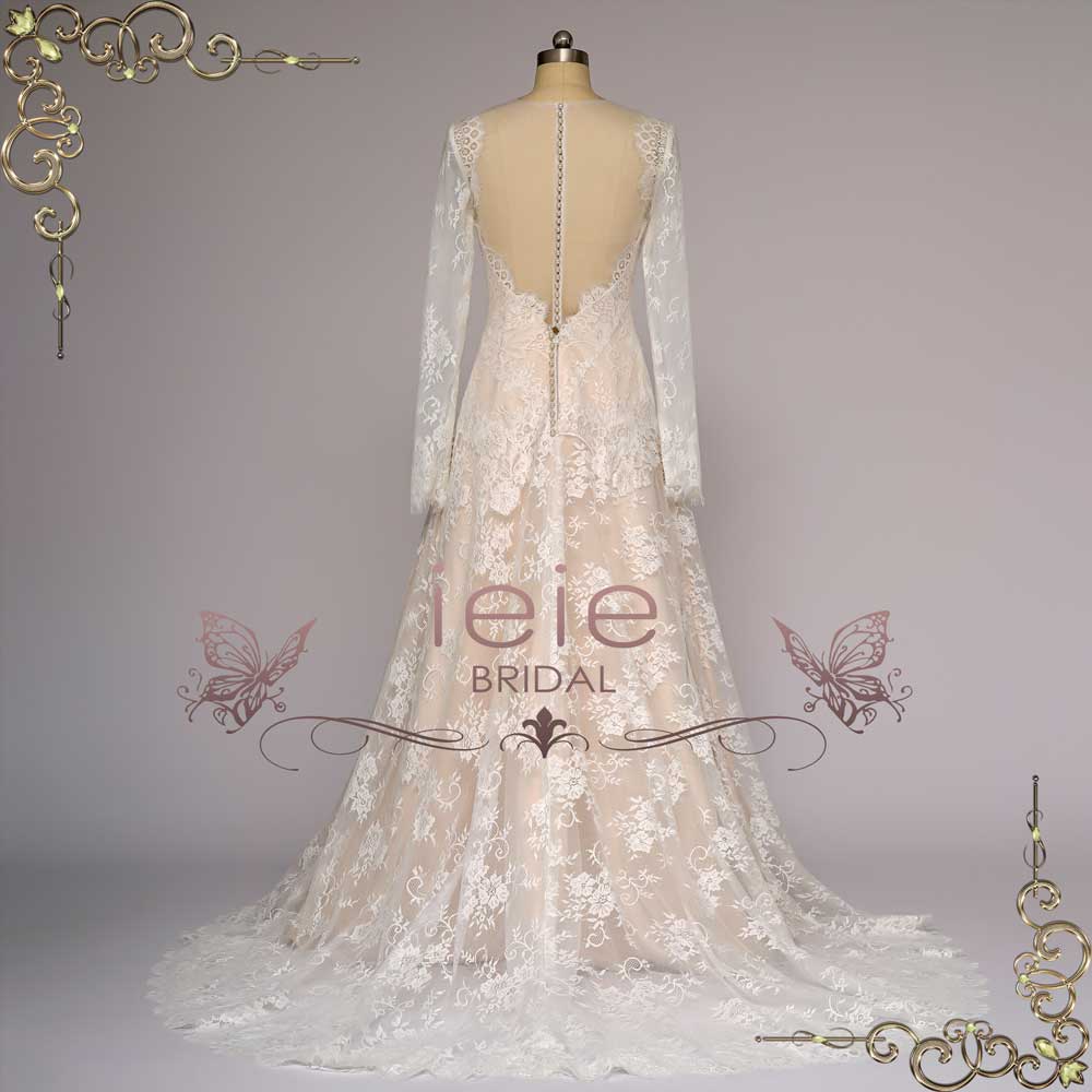 Champagne Lace Wedding Dress with Long Sleeves | AEDRE