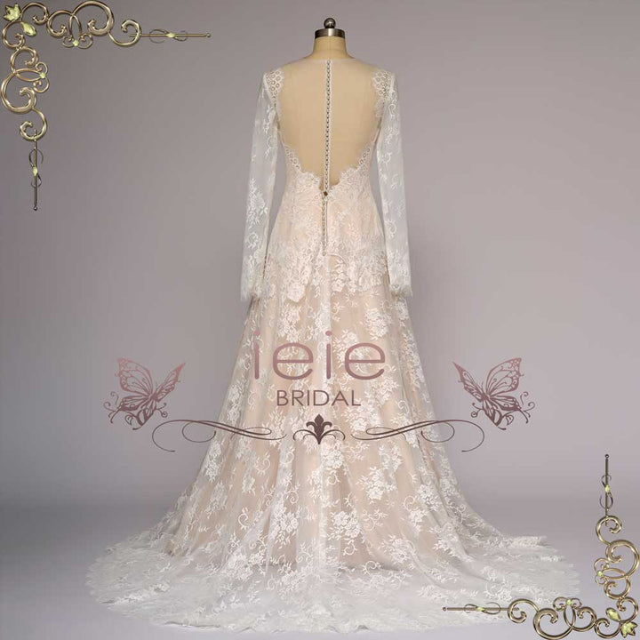 Champagne Lace Wedding Dress with Long Sleeves | AEDRE