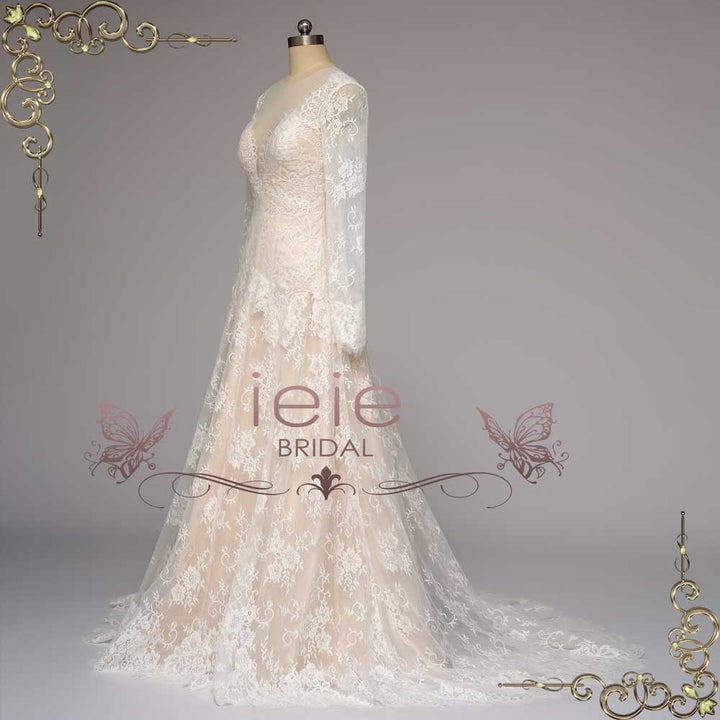 Champagne Lace Wedding Dress with Long Sleeves | AEDRE