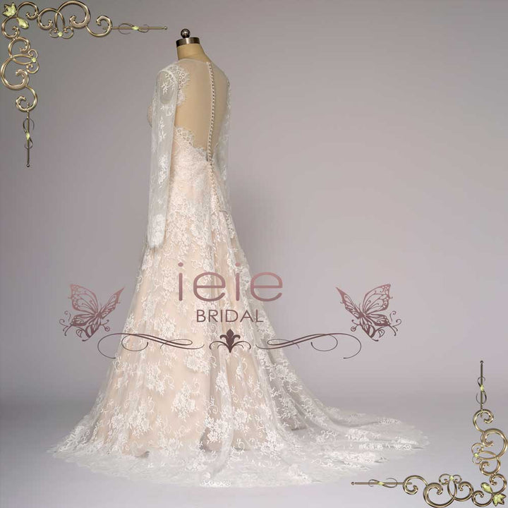 Champagne Lace Wedding Dress with Long Sleeves | AEDRE
