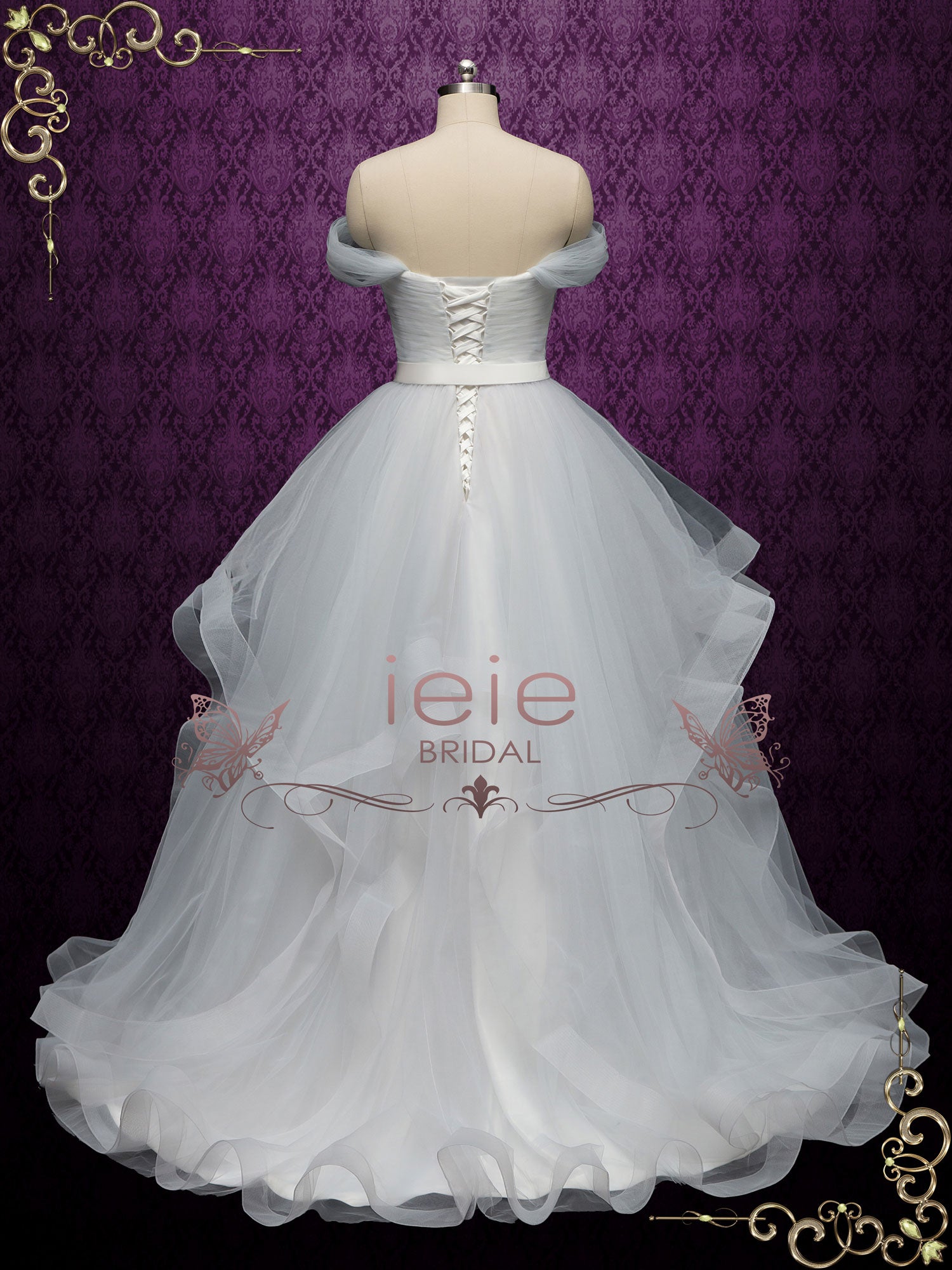 Dove Gray Wedding Dress with Off the Shoulder Neckline ESME