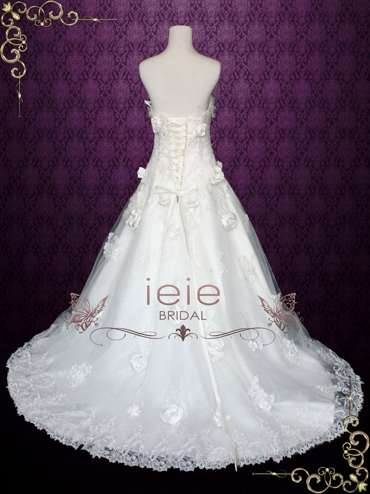 Strapless A-line Floral Rosette Adorned Lace Wedding Gown CATIE