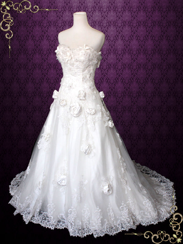 Strapless A-line Floral Rosette Adorned Lace Wedding Gown CATIE