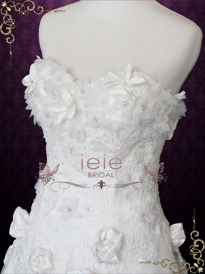 Strapless A-line Floral Rosette Adorned Lace Wedding Gown CATIE