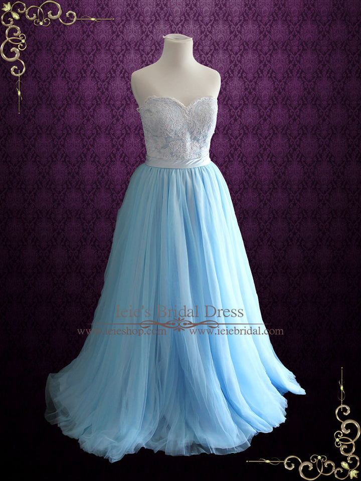 Strapless Blue Lace Formal Evening Dress | Raya