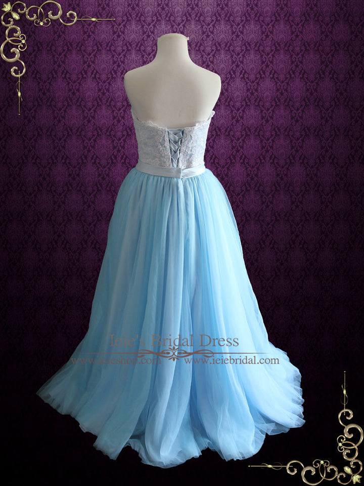 Strapless Blue Lace Formal Evening Dress | Raya