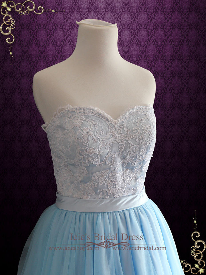 Strapless Blue Lace Formal Evening Dress | Raya