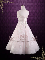 Strapless Tea Length Pink Lace Wedding Dress | KAYLEE