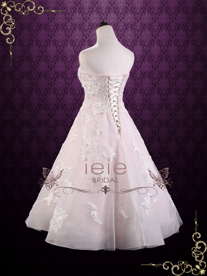 Strapless Tea Length Pink Lace Wedding Dress | KAYLEE