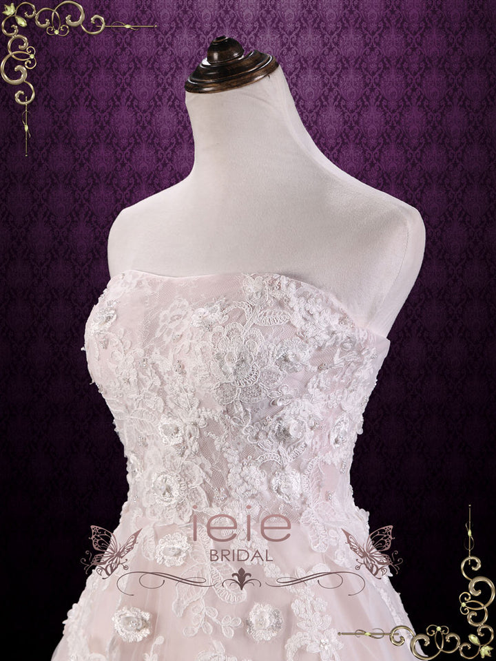 Strapless Tea Length Pink Lace Wedding Dress | KAYLEE