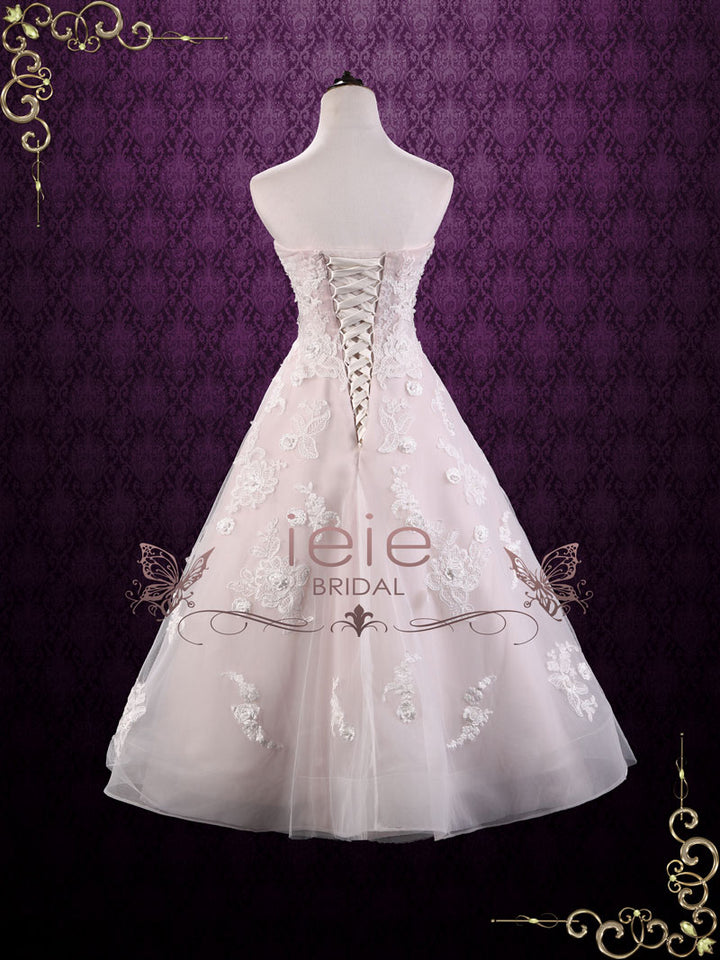 Strapless Tea Length Pink Lace Wedding Dress | KAYLEE