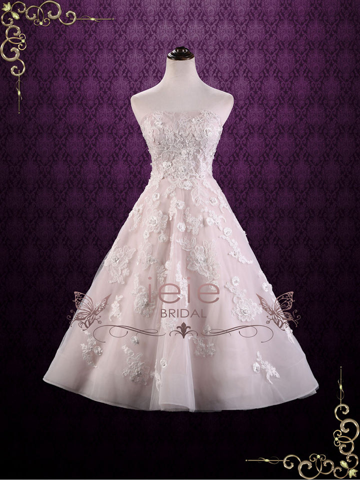 Strapless Tea Length Pink Lace Wedding Dress | KAYLEE – ieie Bridal