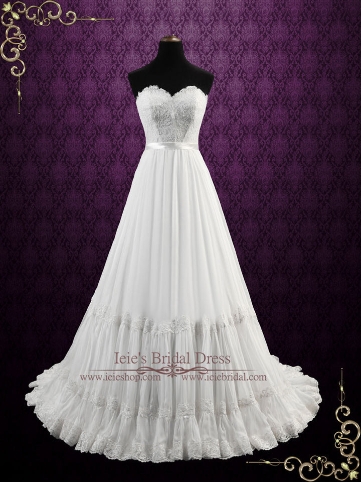 Strapless Boho Chiffon Wedding Dress with Lace Bodice | Alyssa