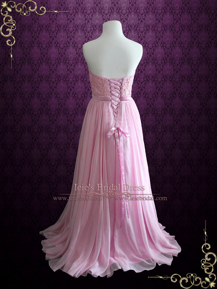 Pink Strapless Lace Chiffon Long Formal Bridesmaid Dress