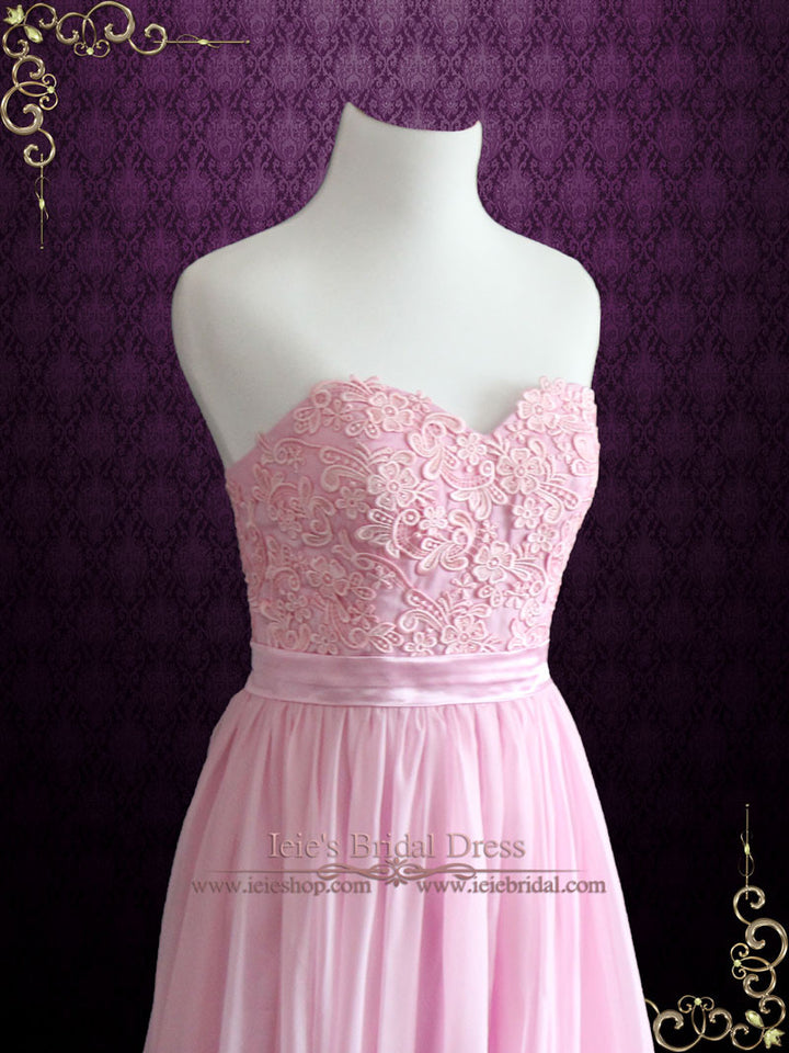 Pink Strapless Lace Chiffon Long Formal Bridesmaid Dress