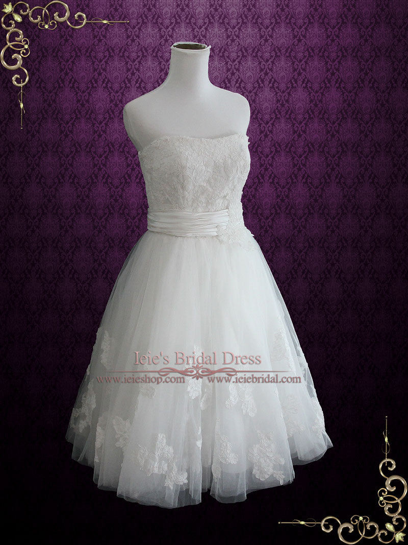 knee length strapless wedding dresses Zapaka Women Ivory Strapless Corset Tea-Length Wedding Dress with Lace, Ivory / US14