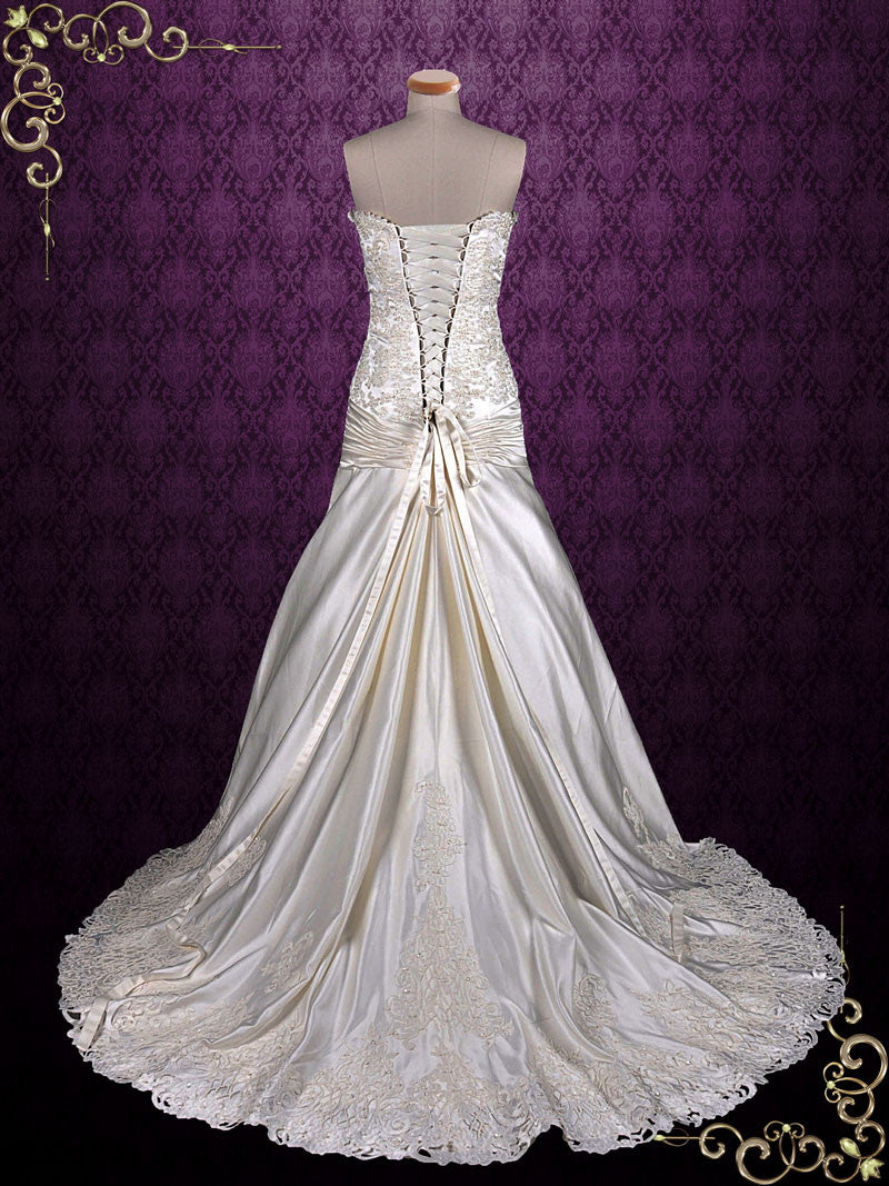 Strapless Satin Lace Wedding Dress with Dropped Waist H2001