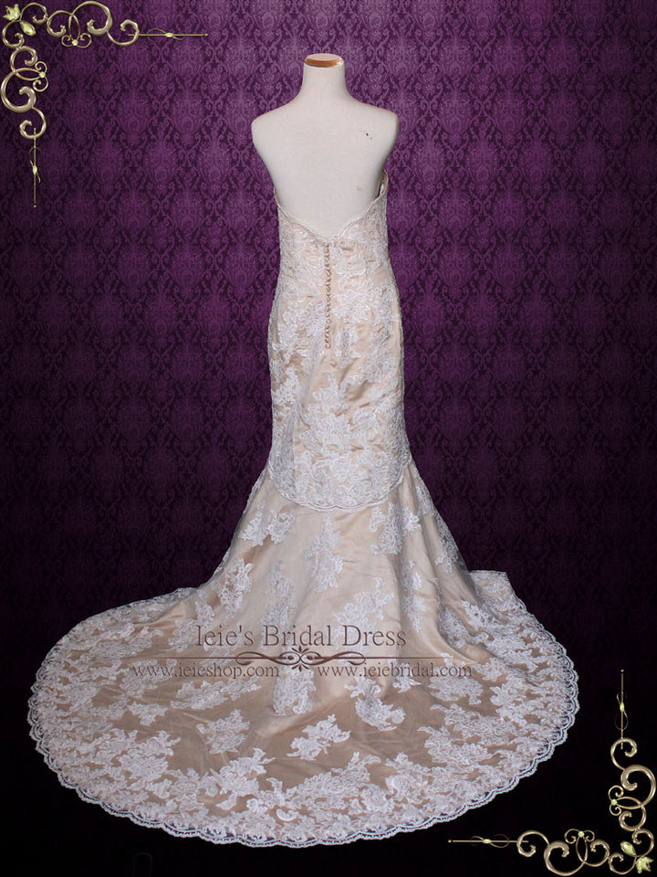 Strapless Sweetheart Ivory Lace Mermaid Wedding Dress with Mocha Lining | Mona Strapless Sweetheart Ivory Lace Mermaid Wedding Dress with Mocha Lining | Mona