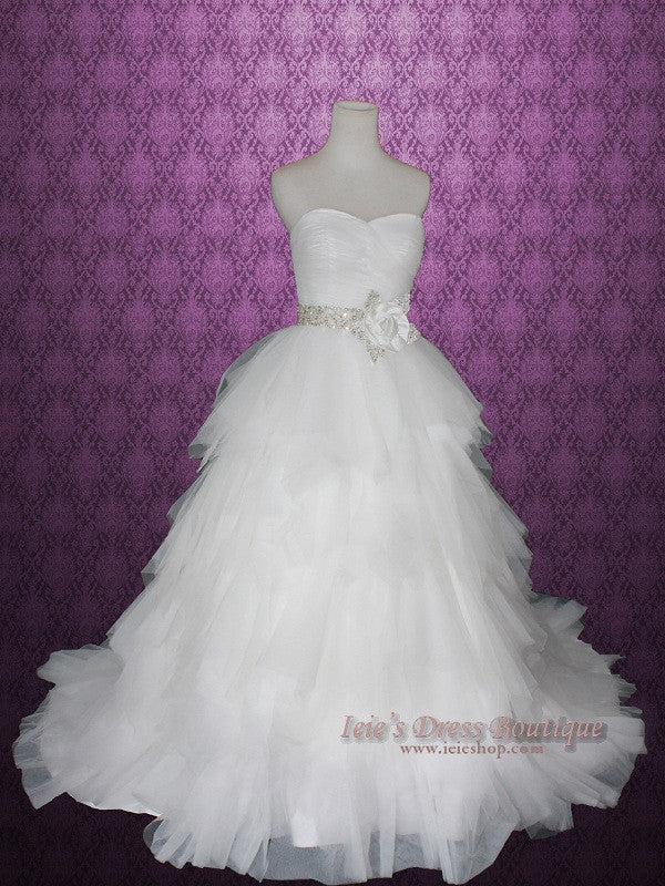 Strapless Princess Ball Gown Wedding Dress with Tulle Layered Ruffles and Jeweled Flower Sash | Sammy