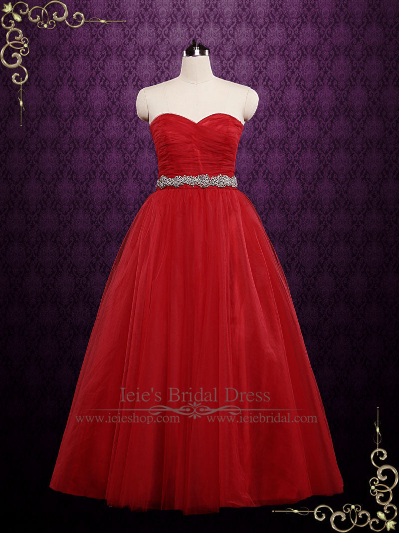 Strapless Red Tulle Ball Gown Wedding Dress | CINDY