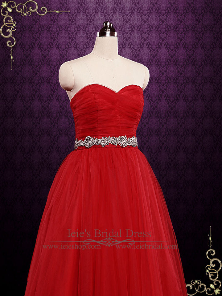 Strapless Red Tulle Ball Gown Wedding Dress