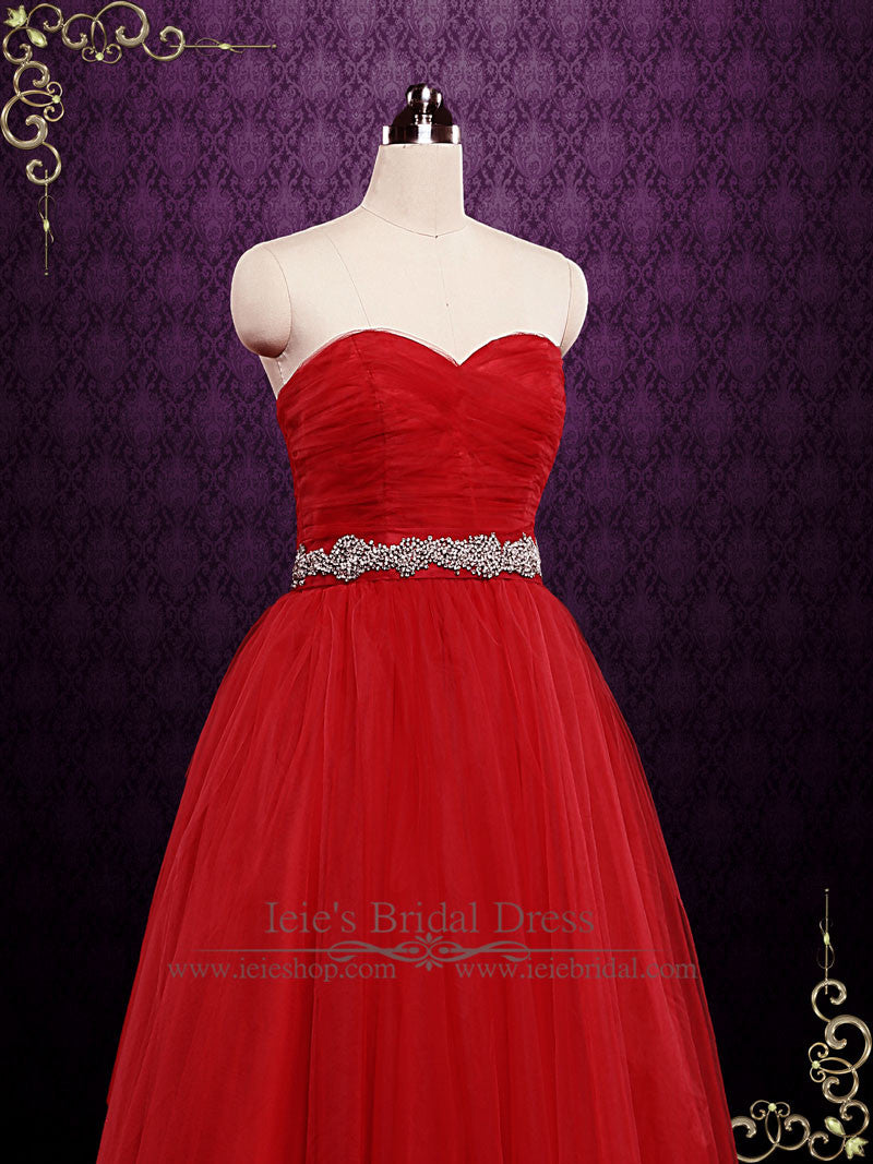 Strapless Red Tulle Ball Gown Wedding Dress | CINDY