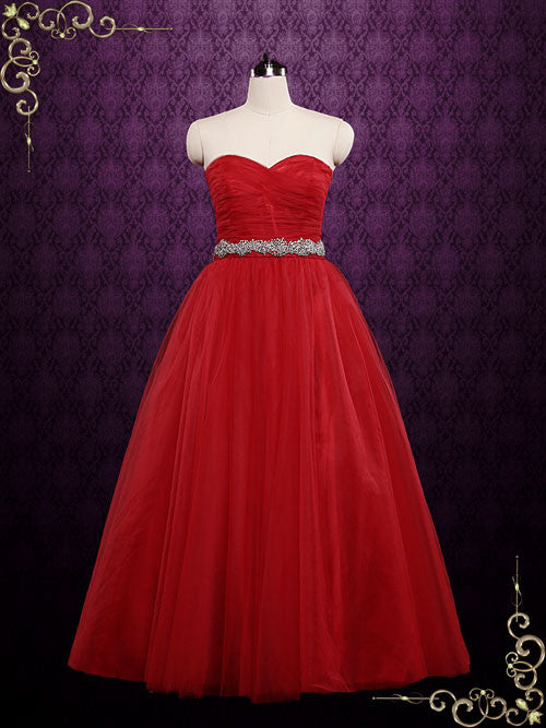 Strapless Red Tulle Ball Gown Wedding Dress