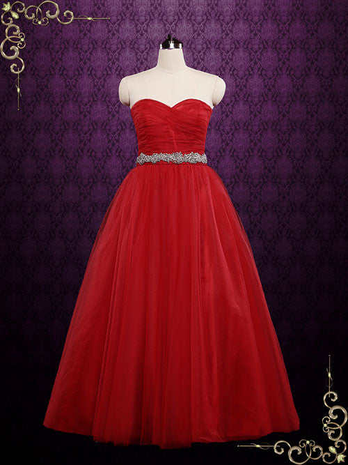 Strapless Red Tulle Ball Gown Wedding Dress | CINDY