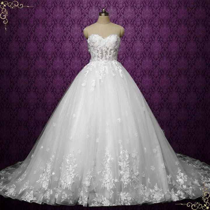 Strapless Ball Gown Lace Wedding Dress with 3D Flowers ROYALE