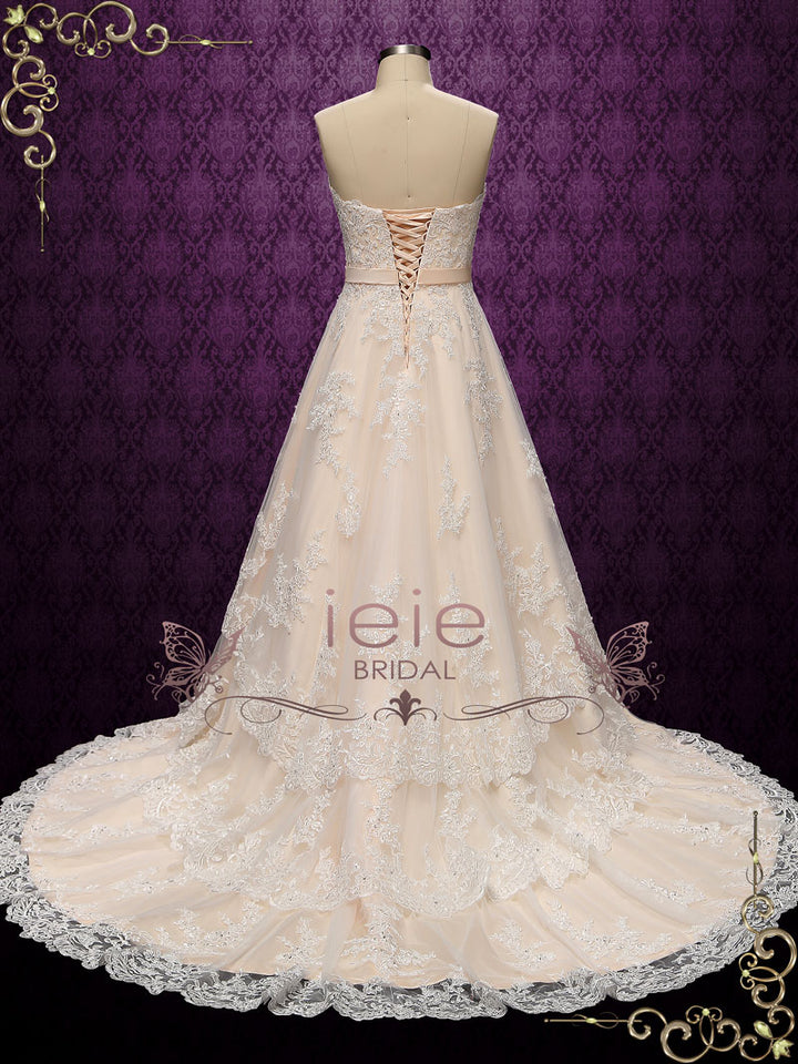 Strapless A-line Tiered Lace Wedding Dress ANNABEL Size 14 / Champagne Strapless A-line Tiered Lace Wedding Dress ANNABEL Size 14 / Champagne