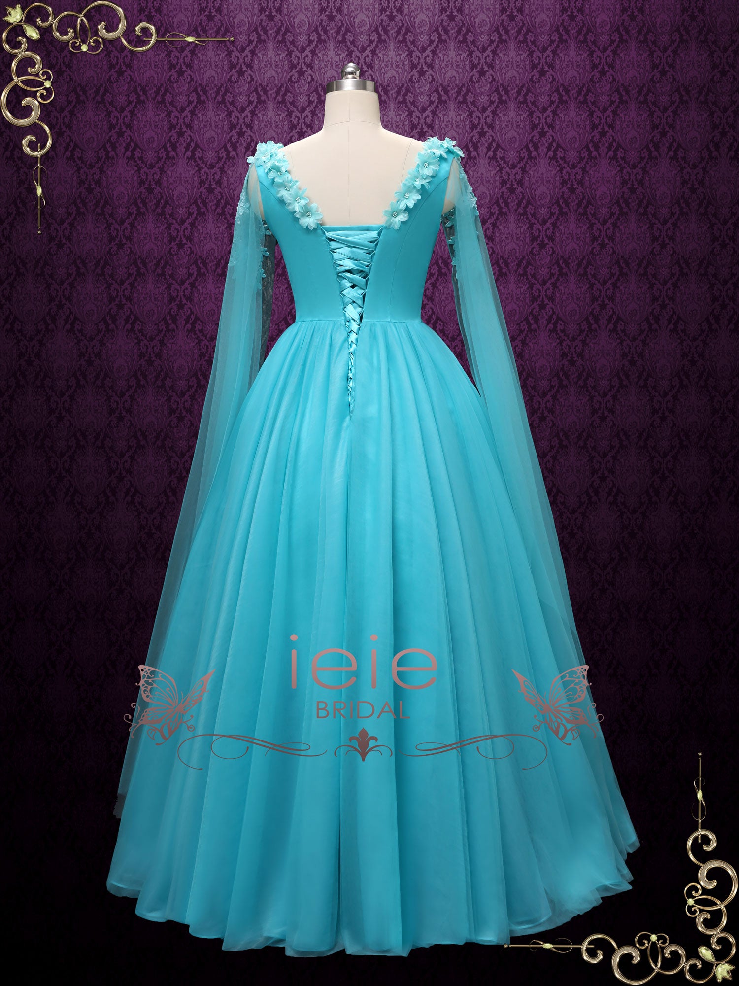 dress blue turquoise A-Line V-Neck Split Turquoise Tulle Prom Dress with Appliques PG763 US8 / Turquoise