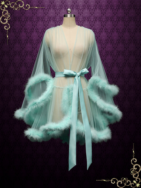 Turquoise Honeymoon Wedding Marabou Fur Edge Boudoir Robe CICI